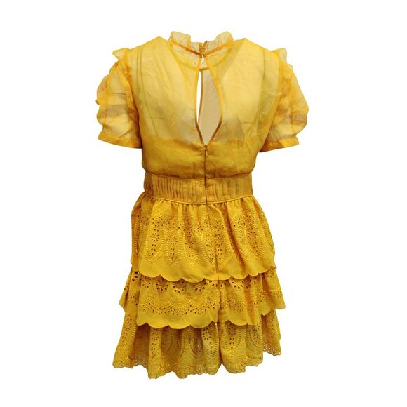 Self-Portrait Embroidered Tiered Mini Dress in Yellow Mustard Polyester